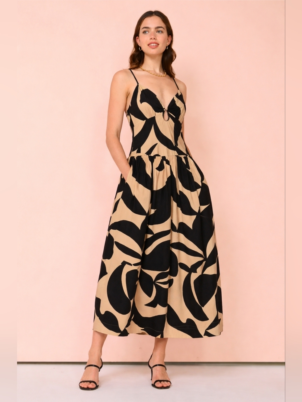 Anthropologie Mon Renn Surreal Linen Blend Midi Dress NWT Black Tan